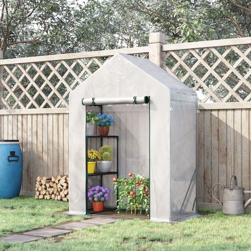 Outsunny Walk In Greenhouse with 2 Tier Shelf, Portable Gardening Plant Grow House with Roll up Zip Panel Door, Reinforced PE Cover, 143 x 73 x 195cm, Green - SGP Garden Ltd