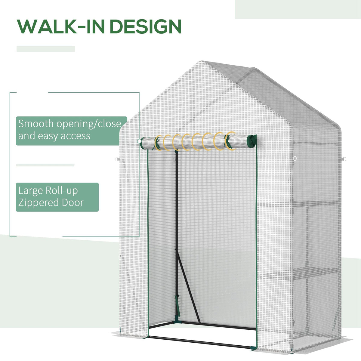 Outsunny Walk In Greenhouse with 2 Tier Shelf, Portable Gardening Plant Grow House with Roll up Zip Panel Door, Reinforced PE Cover, 143 x 73 x 195cm, Green - SGP Garden Ltd