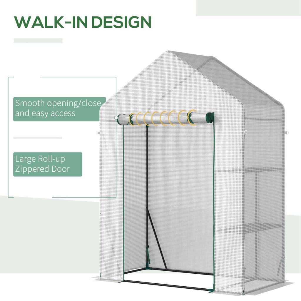 Outsunny Walk In Greenhouse with 2 Tier Shelf, Portable Gardening Plant Grow House with Roll up Zip Panel Door, Reinforced PE Cover, 143 x 73 x 195cm, Green - SGP Garden Ltd