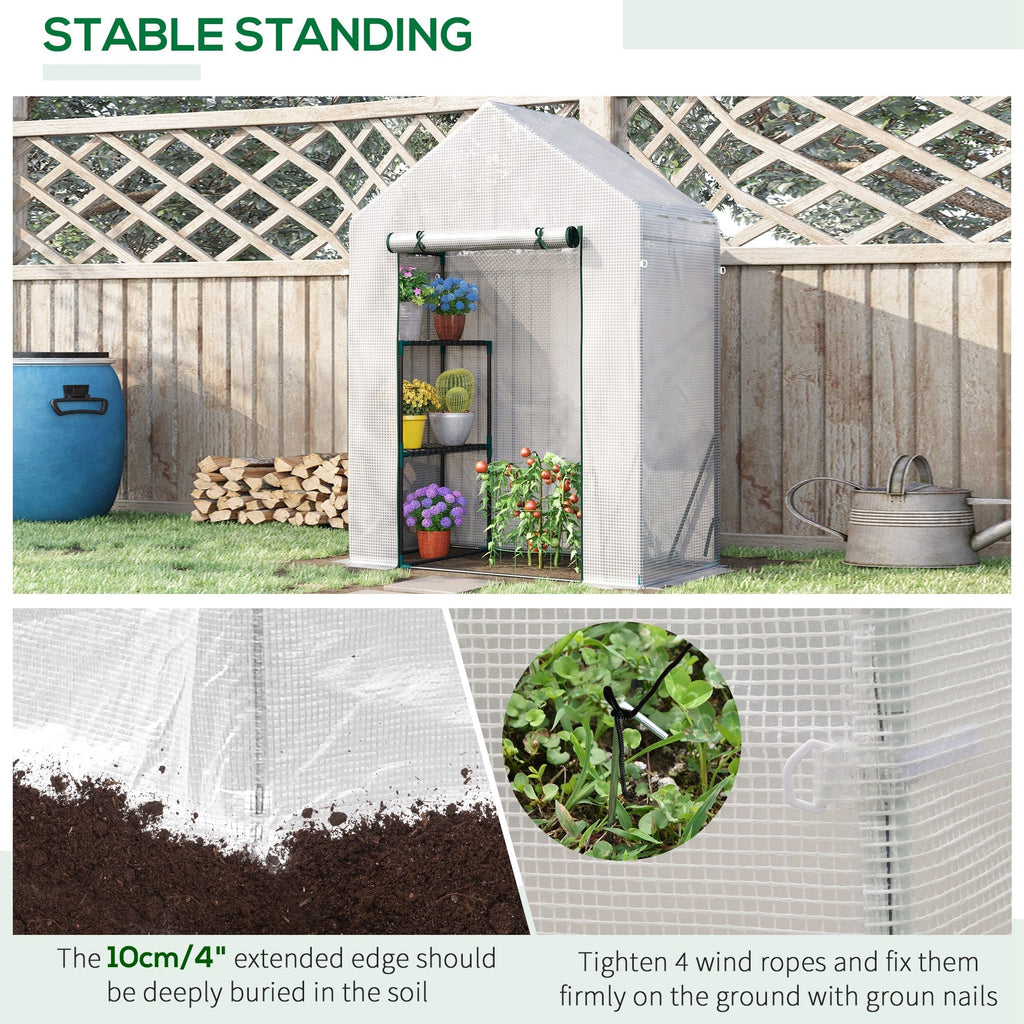 Outsunny Walk In Greenhouse with 2 Tier Shelf, Portable Gardening Plant Grow House with Roll up Zip Panel Door, Reinforced PE Cover, 143 x 73 x 195cm, Green - SGP Garden Ltd