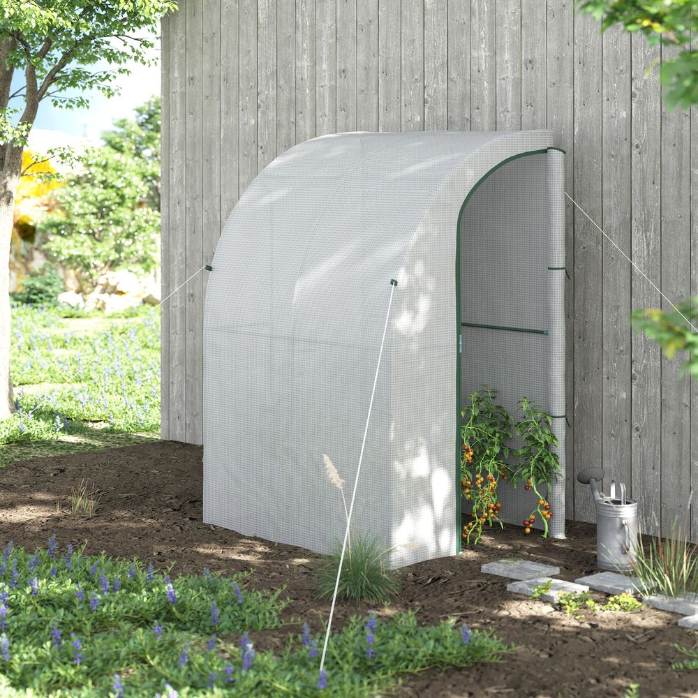 Outsunny Walk-In Lean to Wall Greenhouse w/ Zippered Door 143x118x212cm, White - SGP Garden Ltd