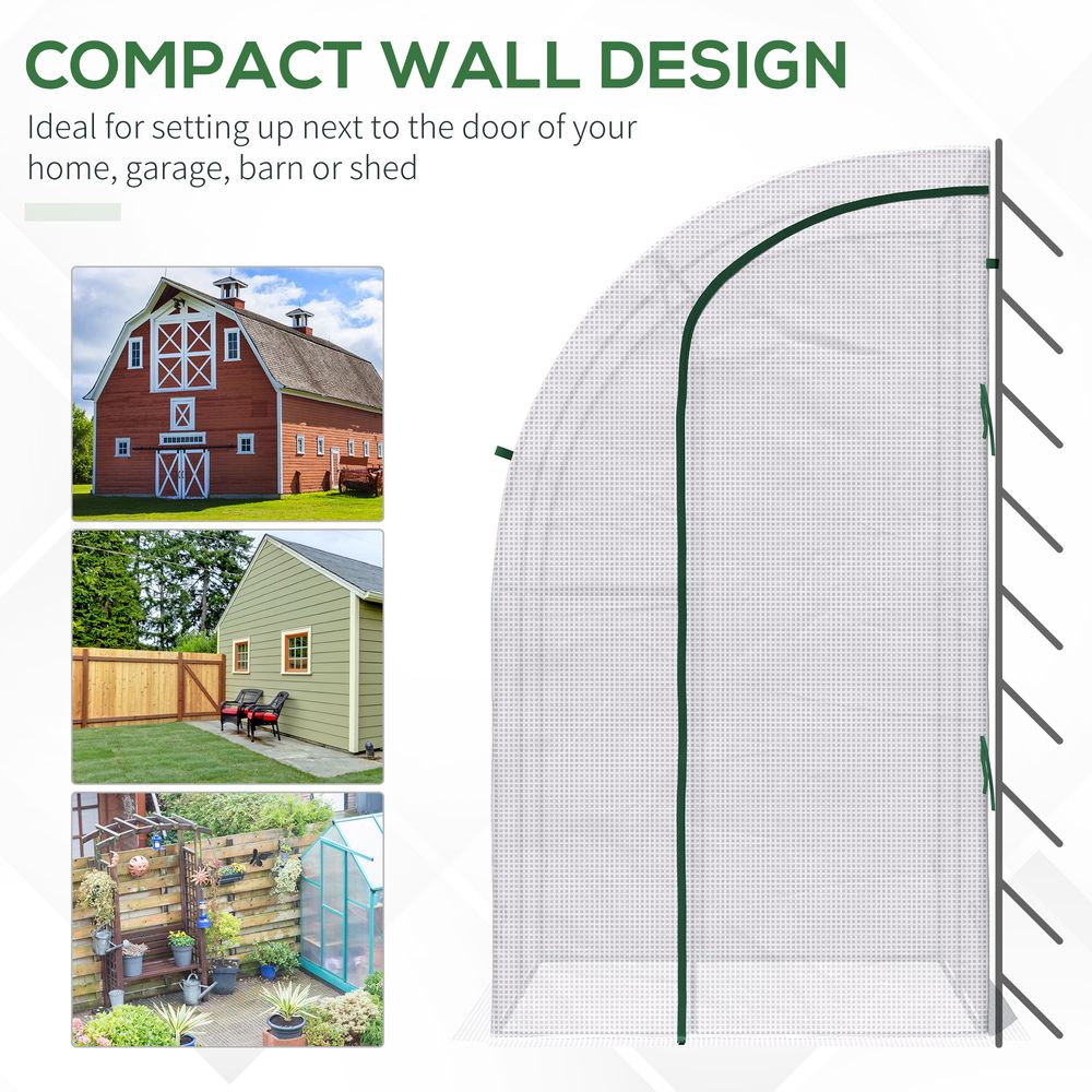 Outsunny Walk-In Lean to Wall Greenhouse w/ Zippered Door 143x118x212cm, White - SGP Garden Ltd