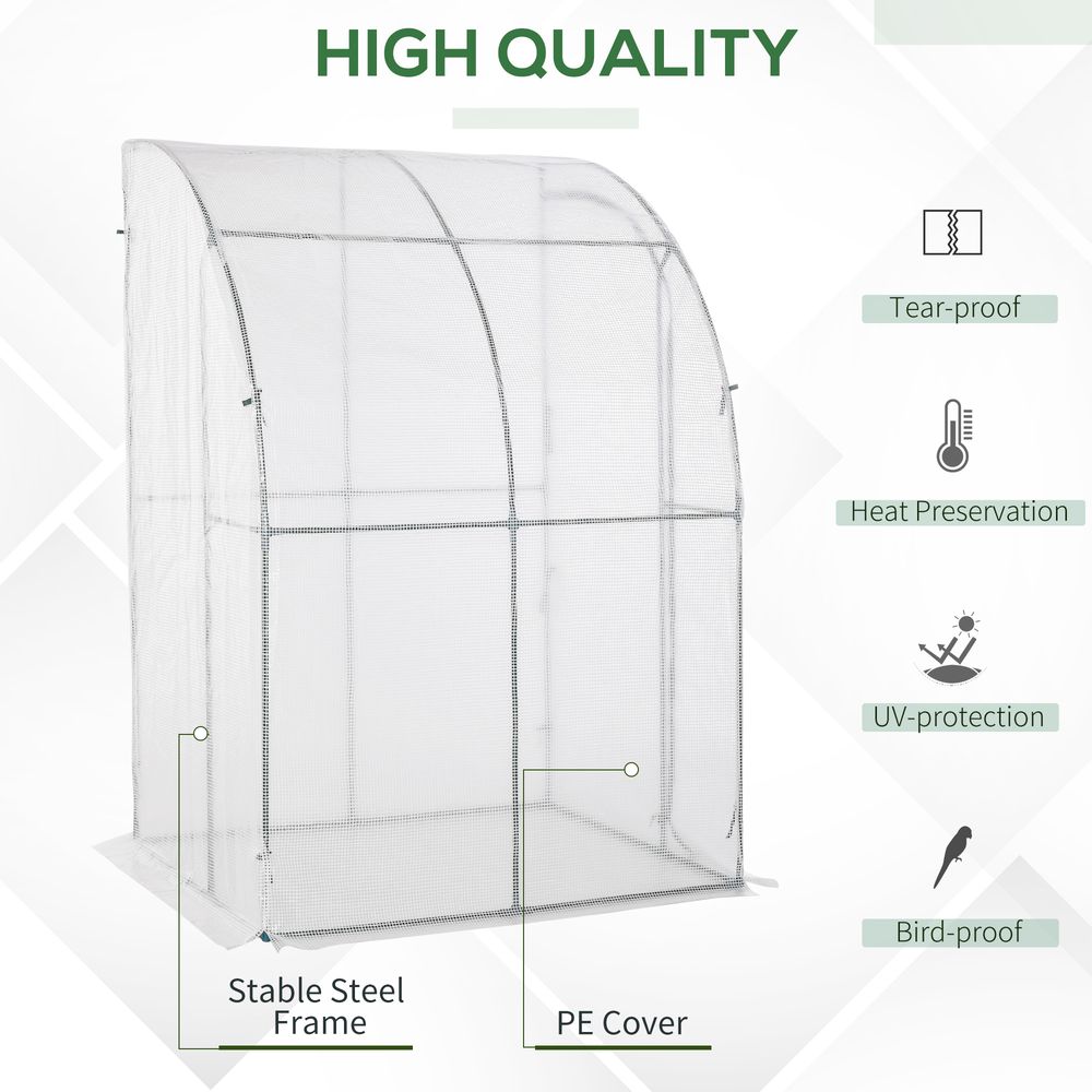 Outsunny Walk-In Lean to Wall Greenhouse w/ Zippered Door 143x118x212cm, White - SGP Garden Ltd