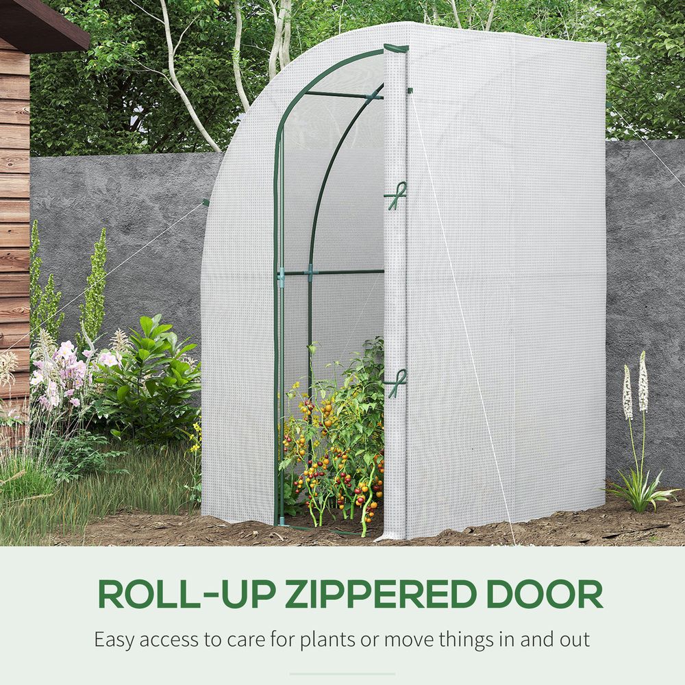 Outsunny Walk-In Lean to Wall Greenhouse w/ Zippered Door 143x118x212cm, White - SGP Garden Ltd