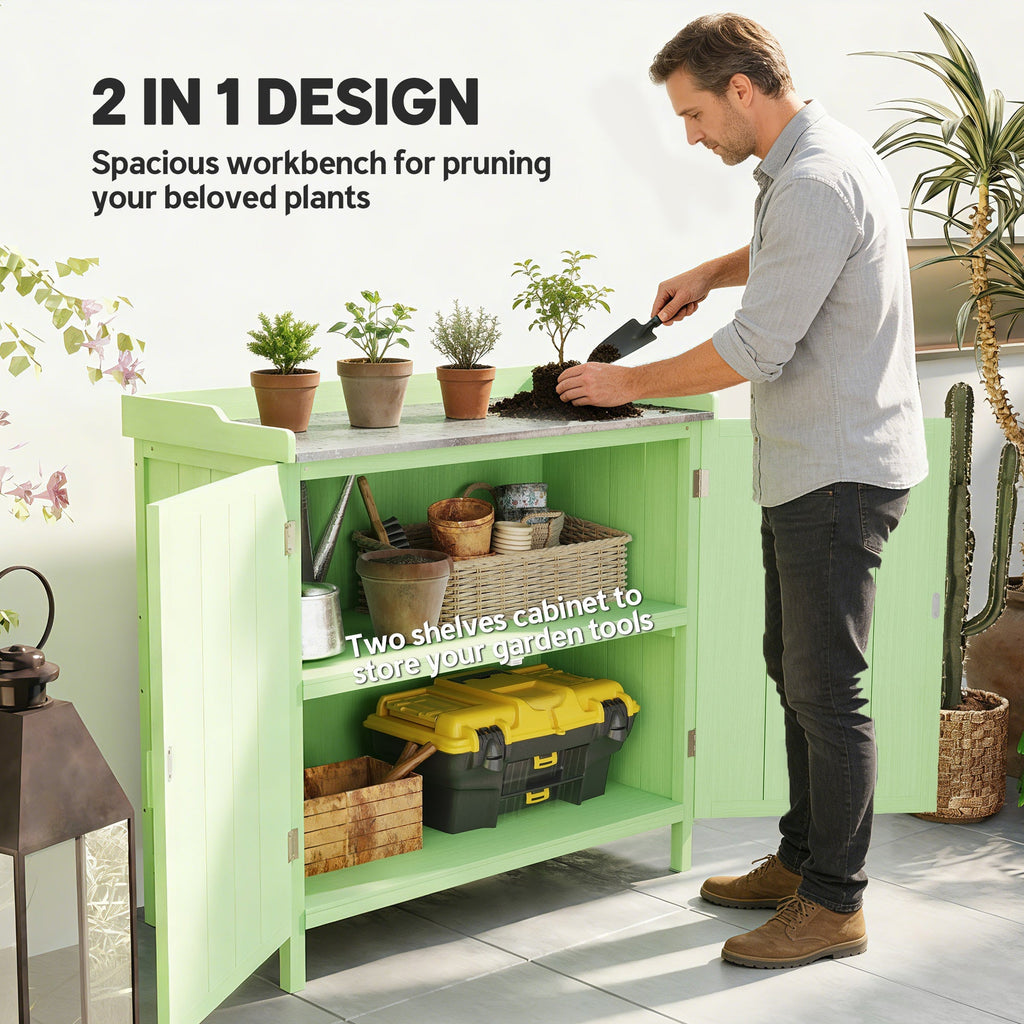 Outsunny Wood Garden Storage Cabinet, Outdoor Tool Shed, Potting Bench Table with galvanised Top and Two Shelves for garden Tools or Pool Accessories, Green - SGP Garden Ltd