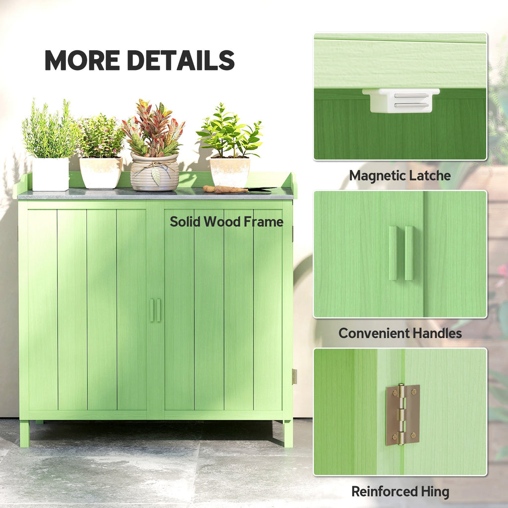 Outsunny Wood Garden Storage Cabinet, Outdoor Tool Shed, Potting Bench Table with galvanised Top and Two Shelves for garden Tools or Pool Accessories, Green - SGP Garden Ltd