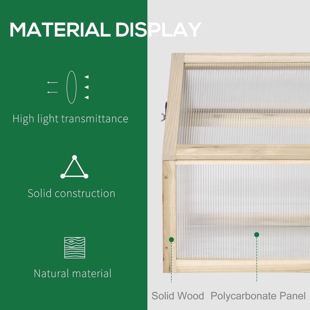 Outsunny Wooden Cold Frame Garden Polycarbonate Greenhouse with Openable Top Cover, Grow House for Flowers, Vegetables, Plants, 90 x 52 x 50cm, Natural - SGP Garden Ltd