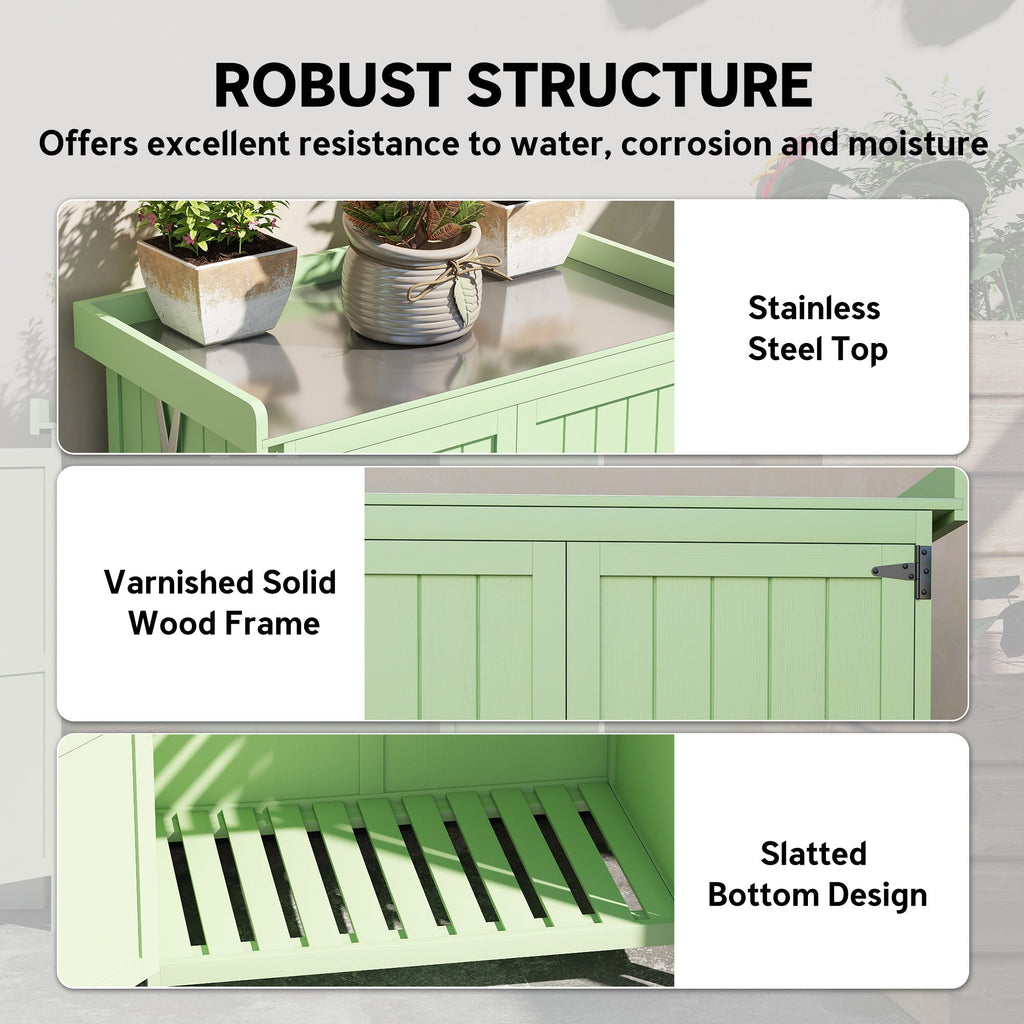 Outsunny Wooden Garden Shed, Garden Tool Storage Shed with Hinged Roof and Shelf, Outdoor Storage Cabinet with Double Doors, Light Green - SGP Garden Ltd