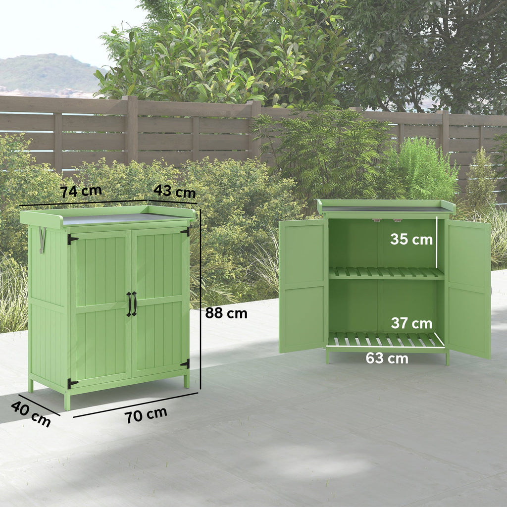 Outsunny Wooden Garden Shed, Garden Tool Storage Shed with Hinged Roof and Shelf, Outdoor Storage Cabinet with Double Doors, Light Green - SGP Garden Ltd
