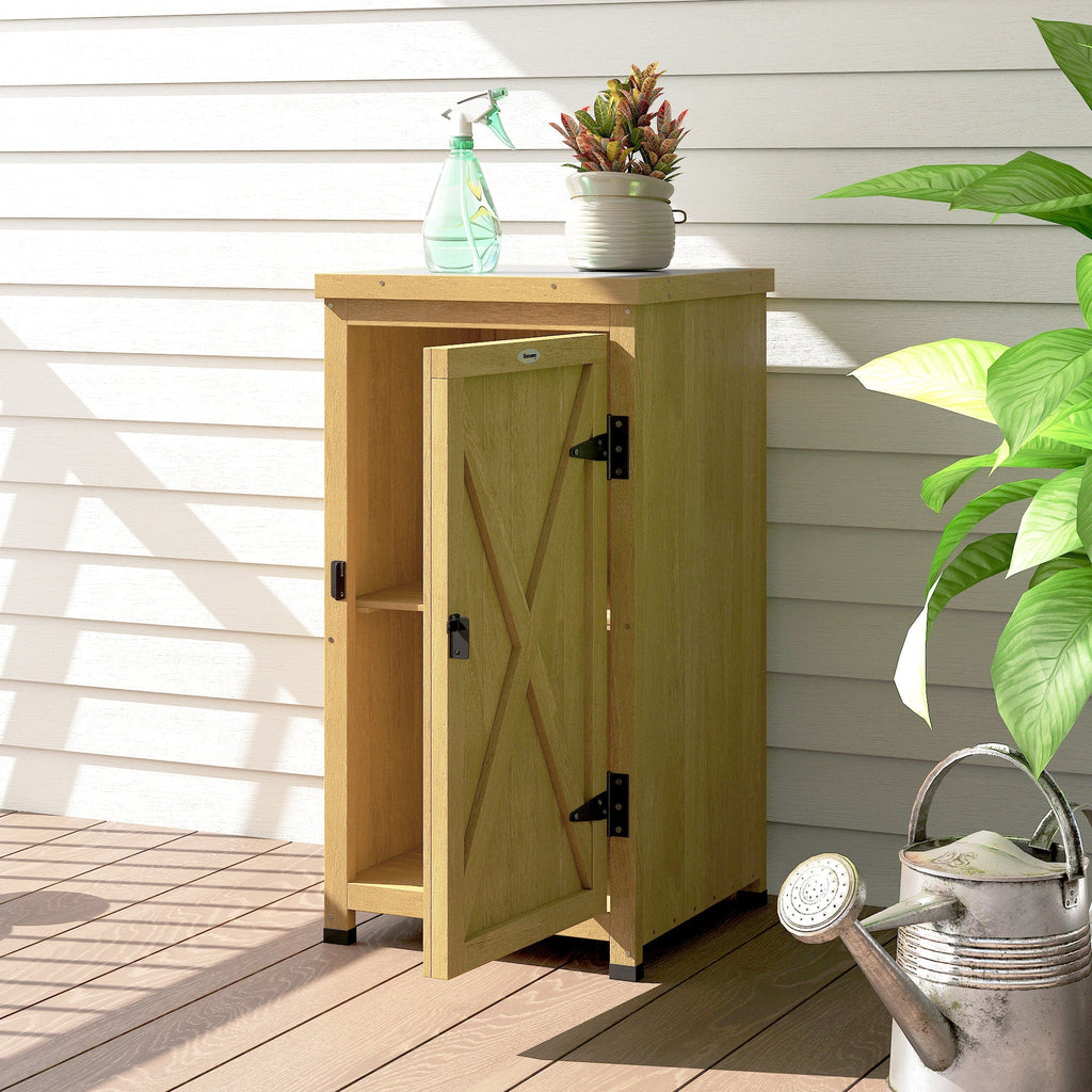 Outsunny Wooden Garden Shed, Garden Tool Storage Shed with Metal Top and Shelf, Light Brown - SGP Garden Ltd