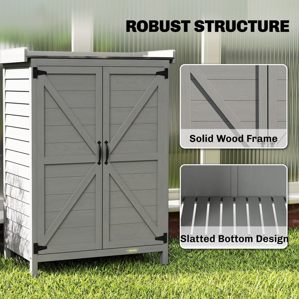 Outsunny Wooden Garden Shed, Garden Tool Storage Shed with Shelf and Side Hooks, 71.5 x 39 x 95 cm, Grey - SGP Garden Ltd