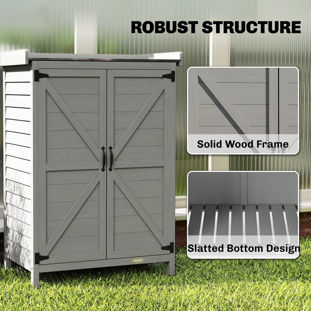 Outsunny Wooden Garden Shed, Garden Tool Storage Shed with Shelf and Side Hooks, 71.5 x 39 x 95 cm, Grey - SGP Garden Ltd