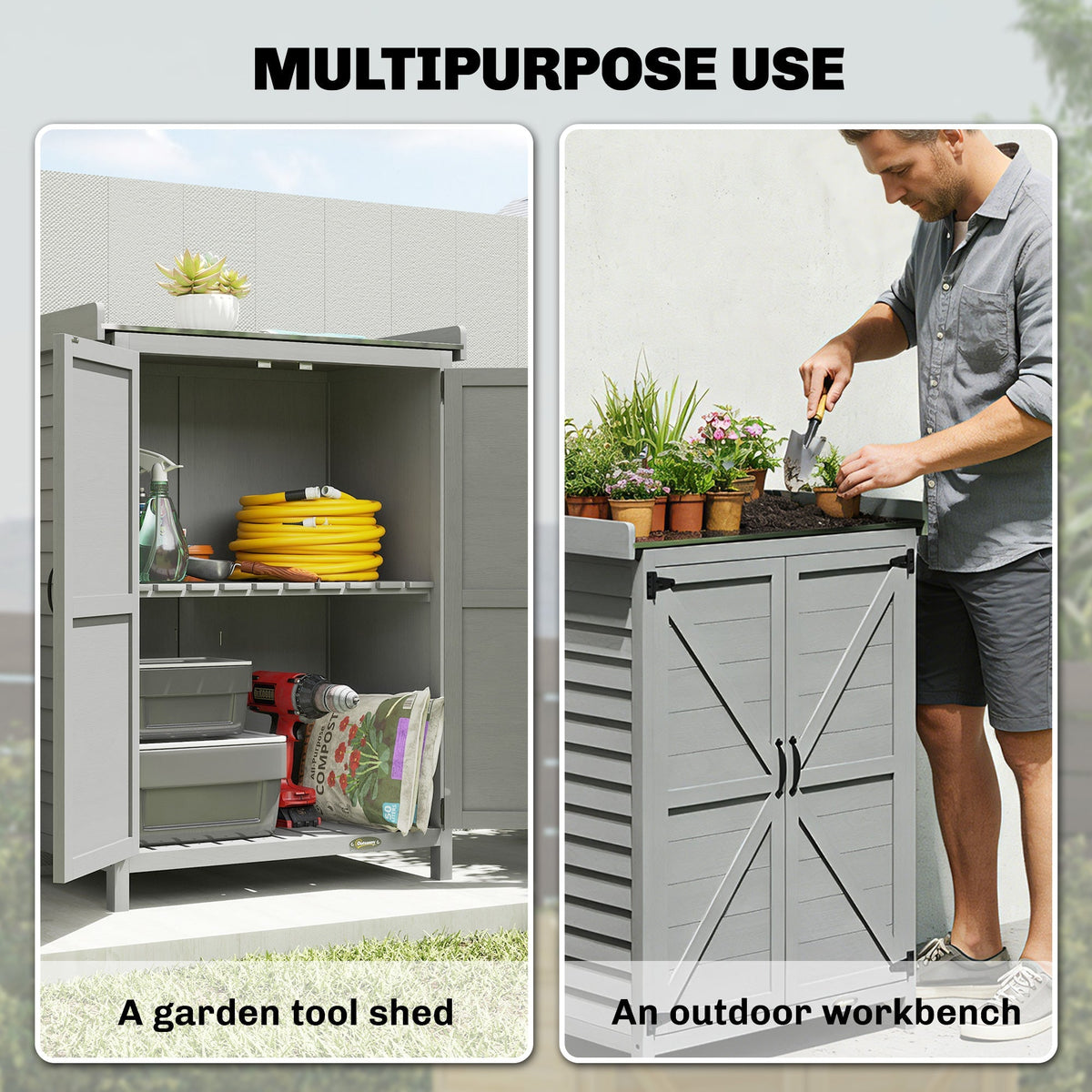 Outsunny Wooden Garden Shed, Garden Tool Storage Shed with Shelf and Side Hooks, 71.5 x 39 x 95 cm, Grey - SGP Garden Ltd