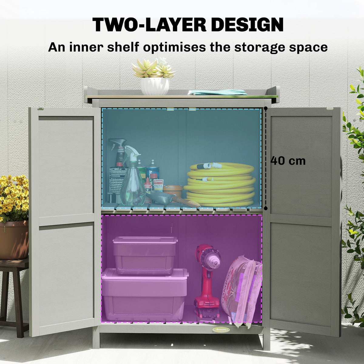 Outsunny Wooden Garden Shed, Garden Tool Storage Shed with Shelf and Side Hooks, 71.5 x 39 x 95 cm, Grey - SGP Garden Ltd