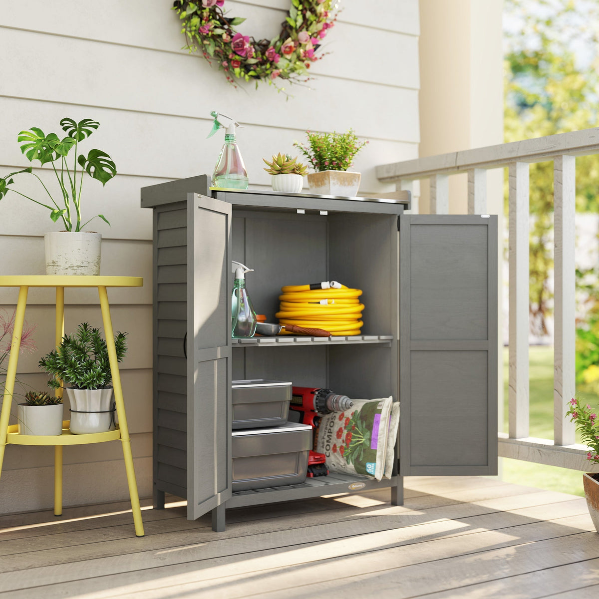 Outsunny Wooden Garden Shed, Garden Tool Storage Shed with Shelf and Side Hooks, 71.5 x 39 x 95 cm, Grey - SGP Garden Ltd