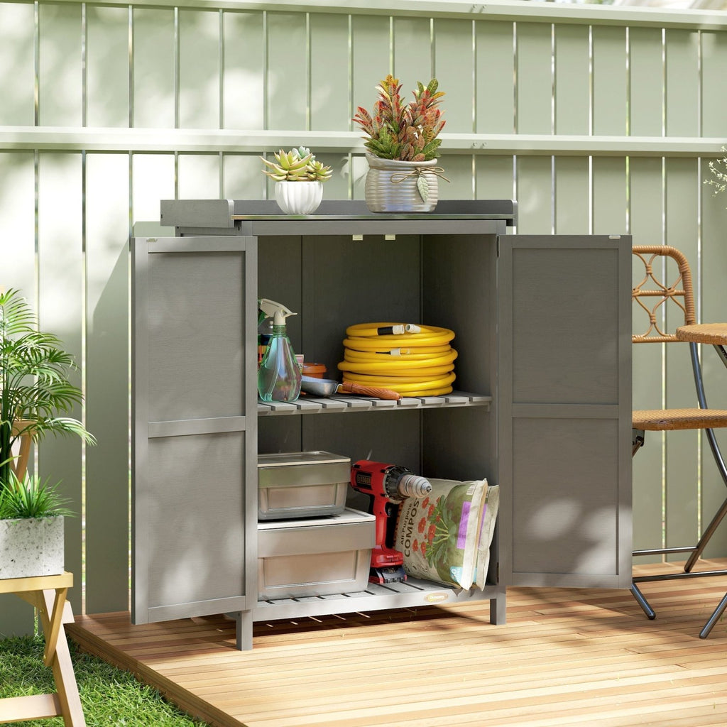 Outsunny Wooden Garden Shed, Garden Tool Storage Shed with Shelf and Side Hooks, 71.5 x 39 x 95 cm, Grey - SGP Garden Ltd