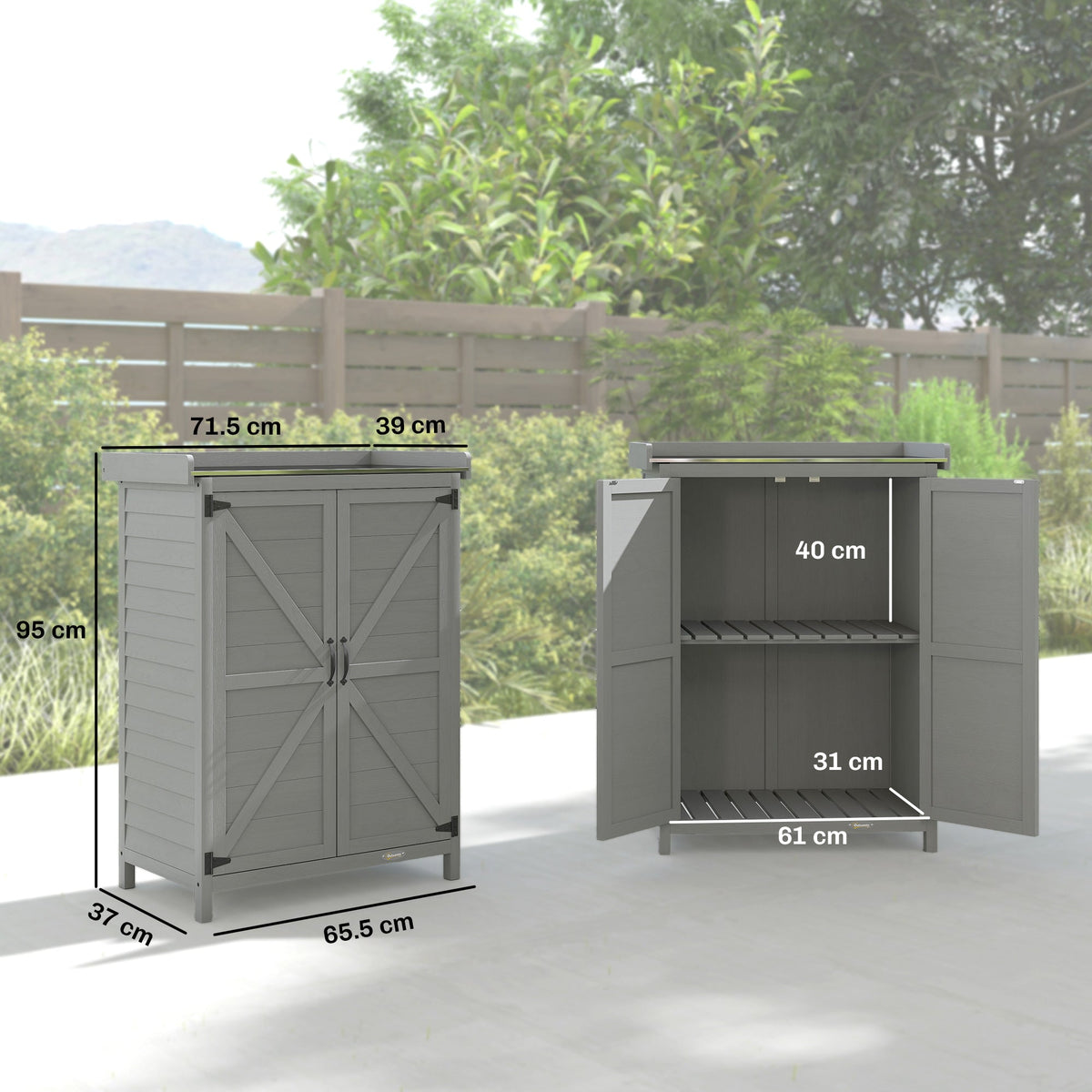 Outsunny Wooden Garden Shed, Garden Tool Storage Shed with Shelf and Side Hooks, 71.5 x 39 x 95 cm, Grey - SGP Garden Ltd