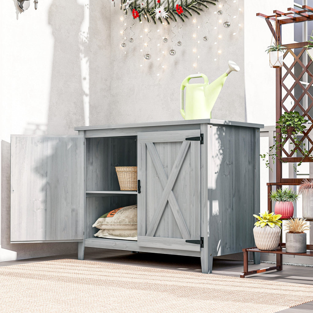 Outsunny Wooden Garden Shed, Outdoor Fir Wood Storage Shed with Shelf and Double Doors, Light Grey - SGP Garden Ltd