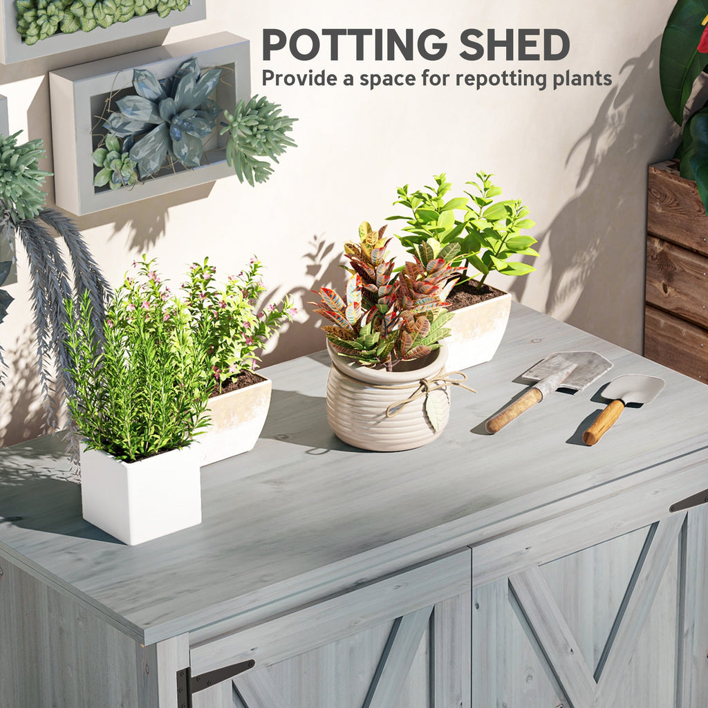 Outsunny Wooden Garden Shed, Outdoor Fir Wood Storage Shed with Shelf and Double Doors, Light Grey - SGP Garden Ltd