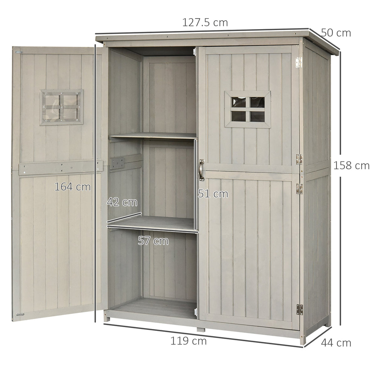 Outsunny Wooden Garden Shed with Two Windows, Tool Storage Cabinet, Outdoor Double Door Organizer 127.5L x 50W x 164H cm, Grey - SGP Garden Ltd