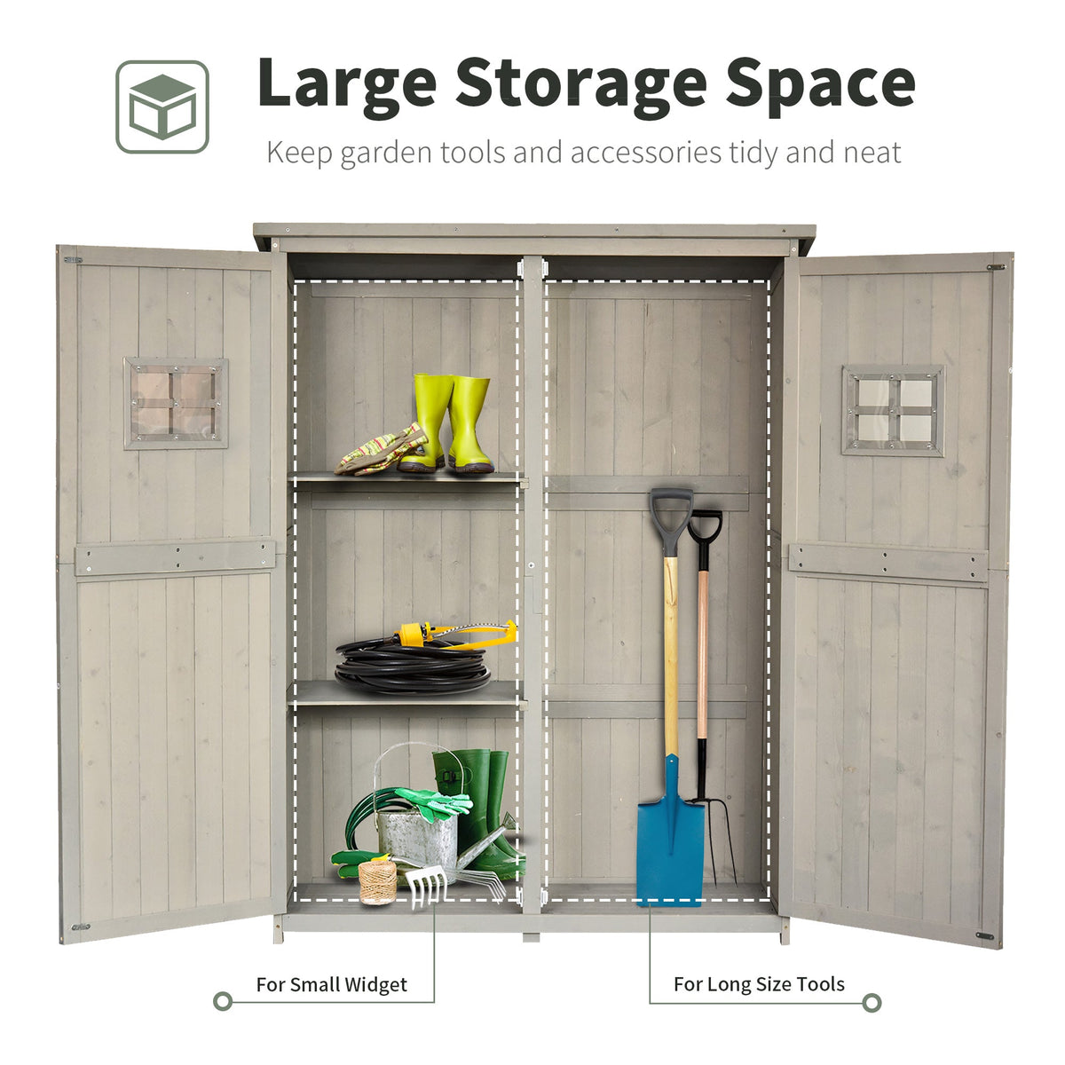 Outsunny Wooden Garden Shed with Two Windows, Tool Storage Cabinet, Outdoor Double Door Organizer 127.5L x 50W x 164H cm, Grey - SGP Garden Ltd
