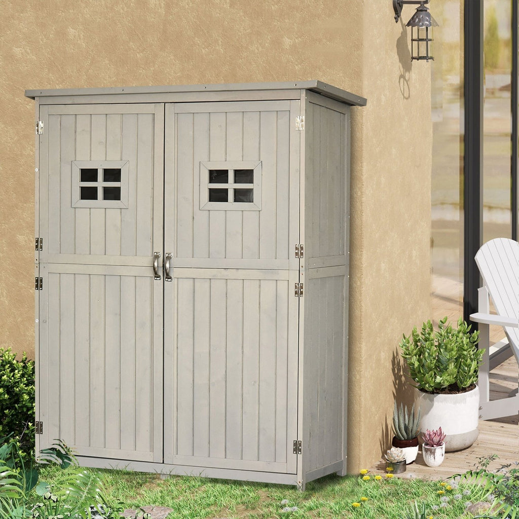 Outsunny Wooden Garden Shed with Two Windows, Tool Storage Cabinet, Outdoor Double Door Organizer 127.5L x 50W x 164H cm, Grey - SGP Garden Ltd