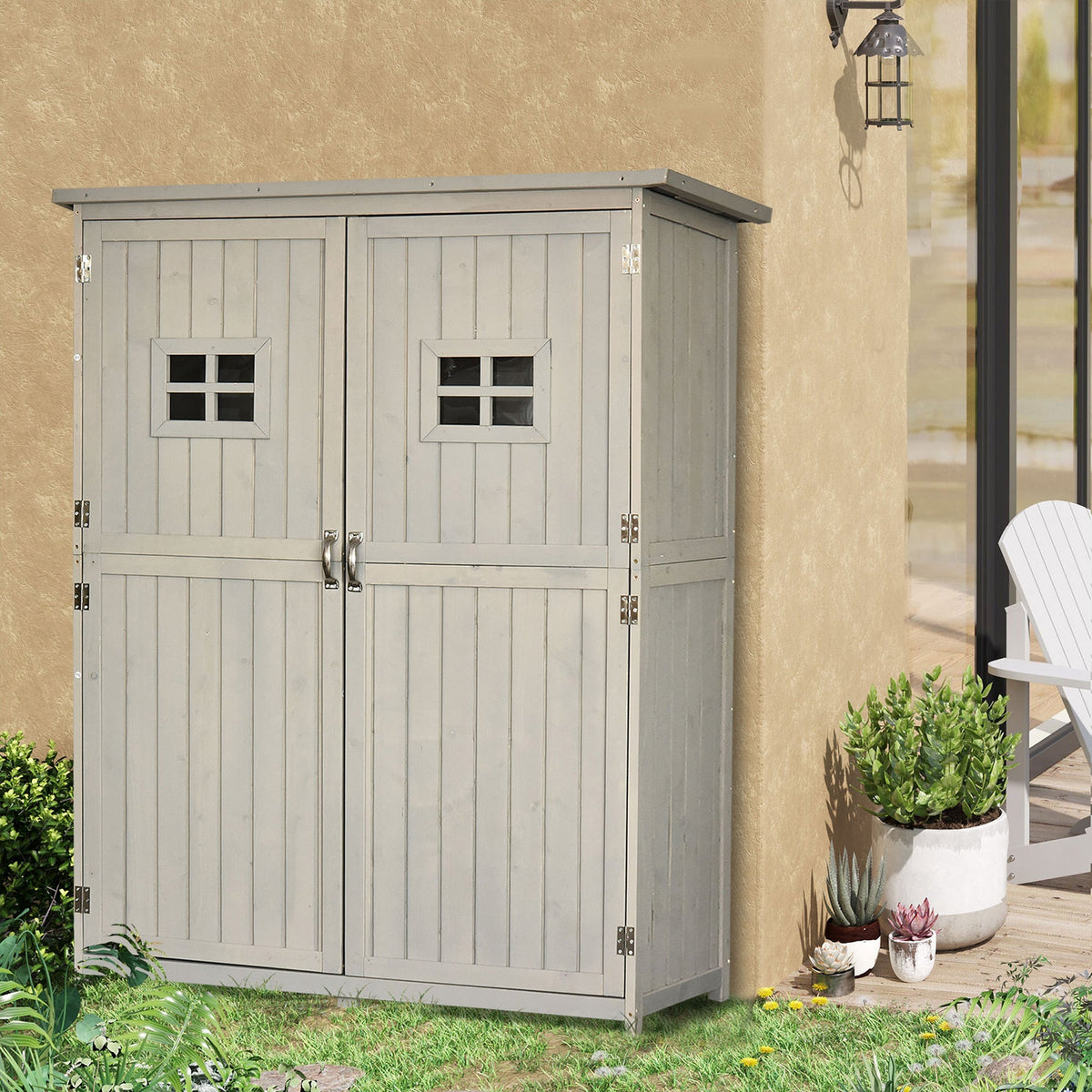 Outsunny Wooden Garden Shed with Two Windows, Tool Storage Cabinet, Outdoor Double Door Organizer 127.5L x 50W x 164H cm, Grey - SGP Garden Ltd