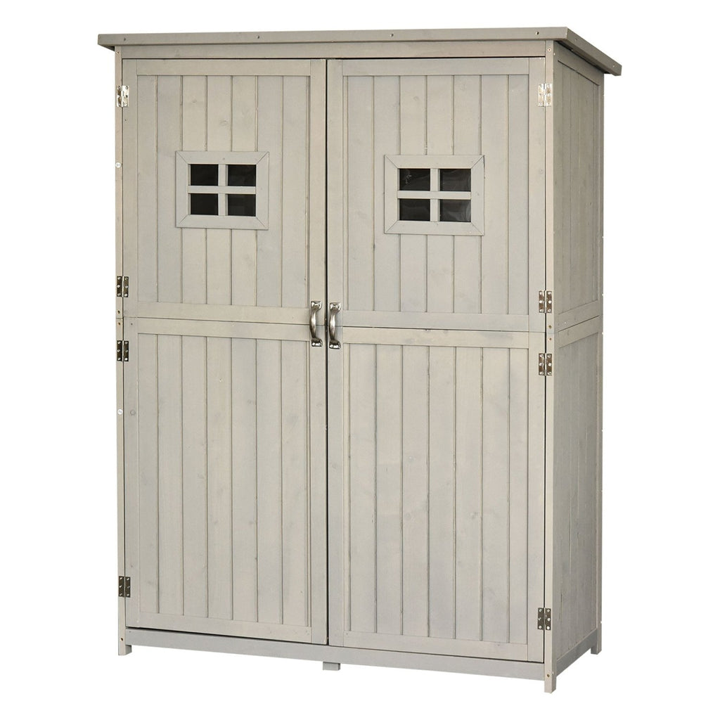 Outsunny Wooden Garden Shed with Two Windows, Tool Storage Cabinet, Outdoor Double Door Organizer 127.5L x 50W x 164H cm, Grey - SGP Garden Ltd