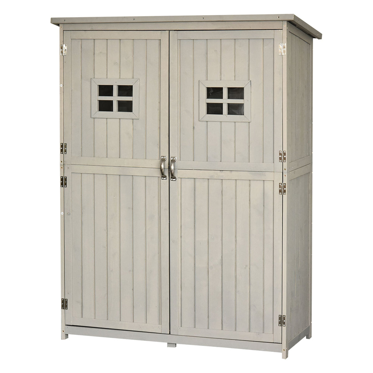 Outsunny Wooden Garden Shed with Two Windows, Tool Storage Cabinet, Outdoor Double Door Organizer 127.5L x 50W x 164H cm, Grey - SGP Garden Ltd