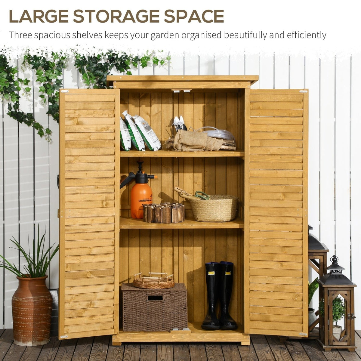 Outsunny Wooden Garden Storage Shed, Compact Utility Sentry Unit, 3-Tier Shelves Tool Cabinet Organizer with Asphalt Roof and Shutter Design, 87cm x 47cm x 160cm - SGP Garden Ltd