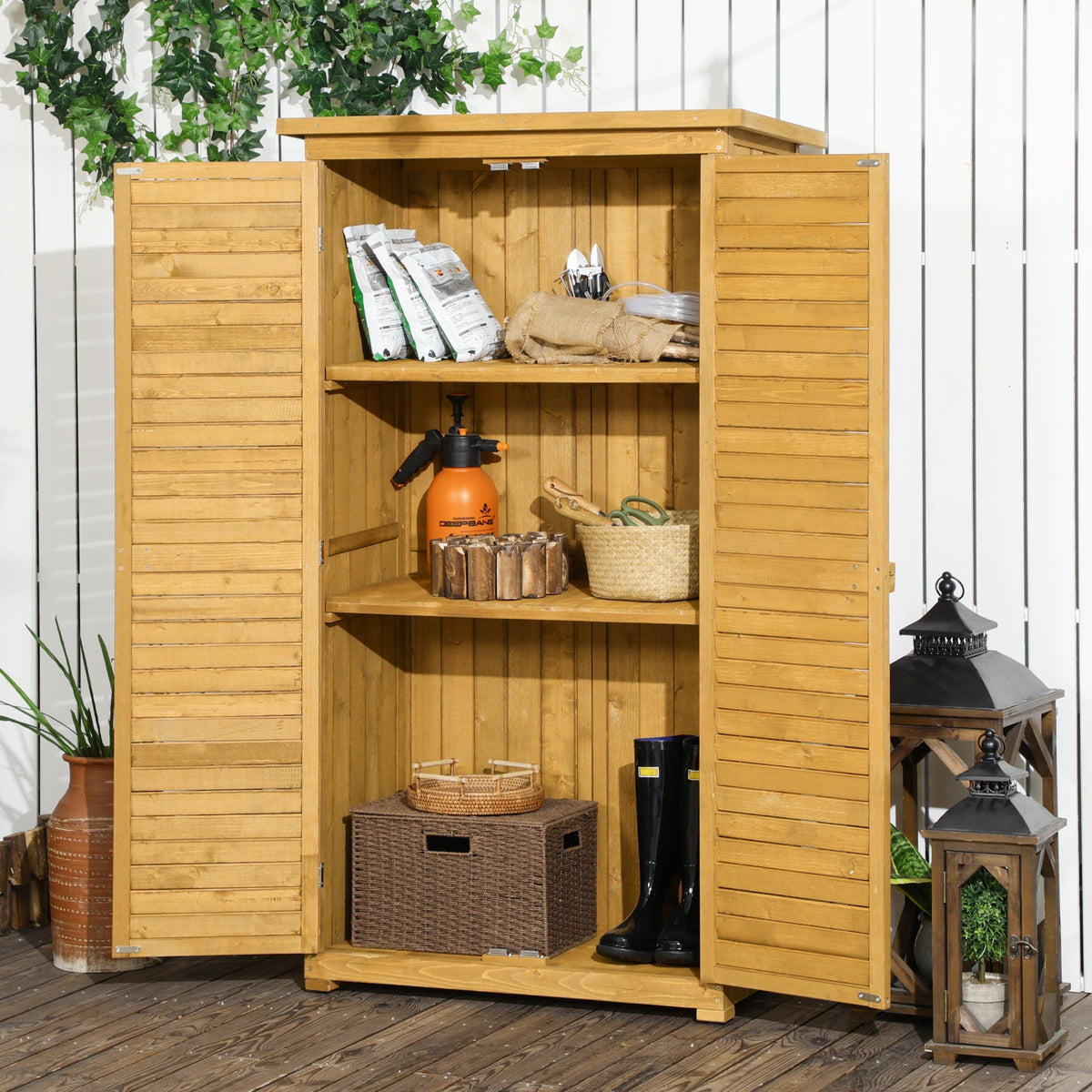 Outsunny Wooden Garden Storage Shed, Compact Utility Sentry Unit, 3-Tier Shelves Tool Cabinet Organizer with Asphalt Roof and Shutter Design, 87cm x 47cm x 160cm - SGP Garden Ltd