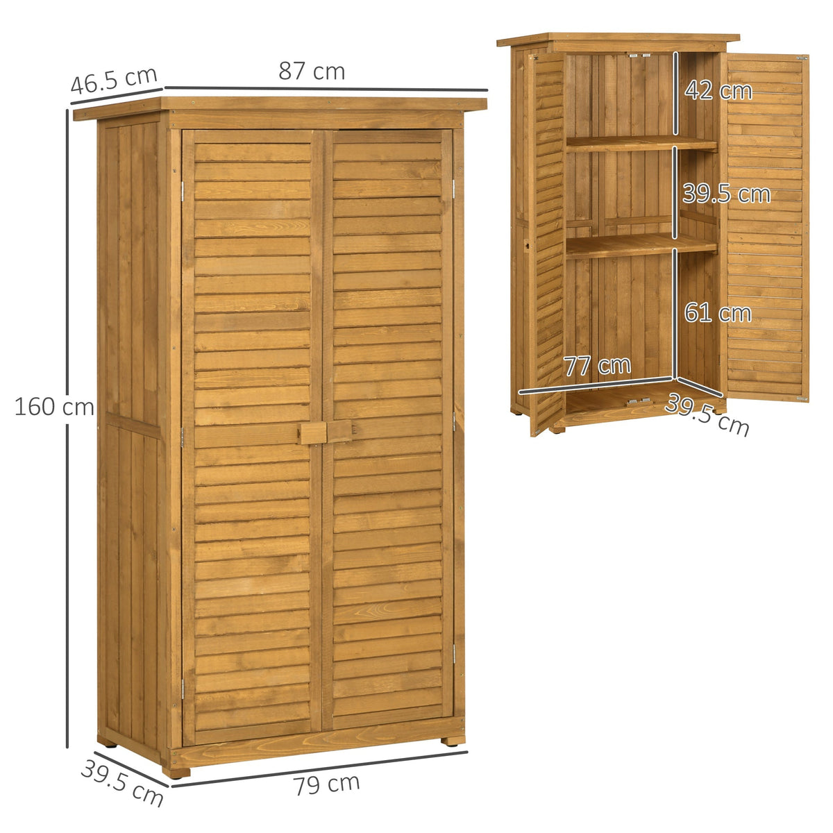 Outsunny Wooden Garden Storage Shed, Compact Utility Sentry Unit, 3-Tier Shelves Tool Cabinet Organizer with Asphalt Roof and Shutter Design, 87cm x 47cm x 160cm - SGP Garden Ltd