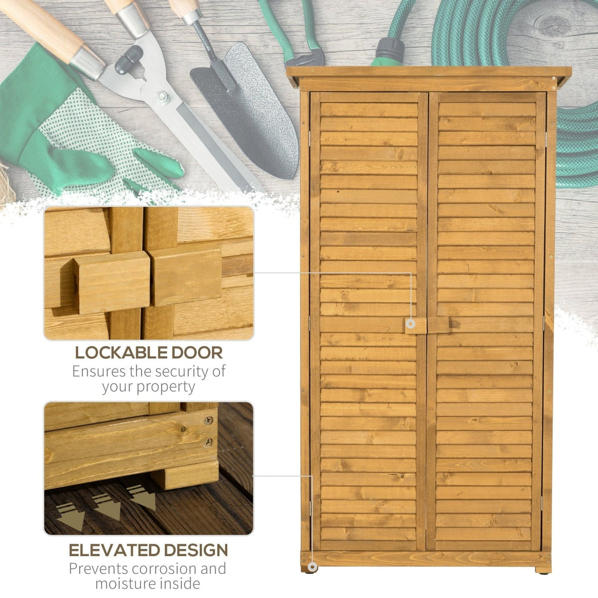 Outsunny Wooden Garden Storage Shed, Compact Utility Sentry Unit, 3-Tier Shelves Tool Cabinet Organizer with Asphalt Roof and Shutter Design, 87cm x 47cm x 160cm - SGP Garden Ltd