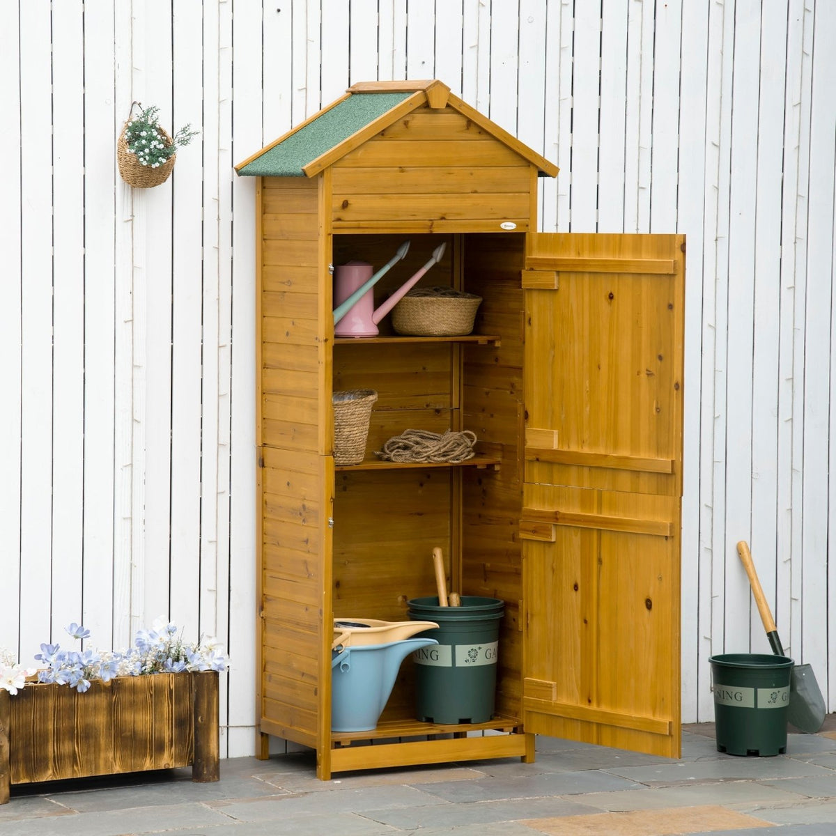 Outsunny Wooden Garden Storage Shed Utility Gardener Cabinet w/ 3 Shelves and 2 Door, 191.5cm x 79cm x 49cm, Natural wood effect - SGP Garden Ltd