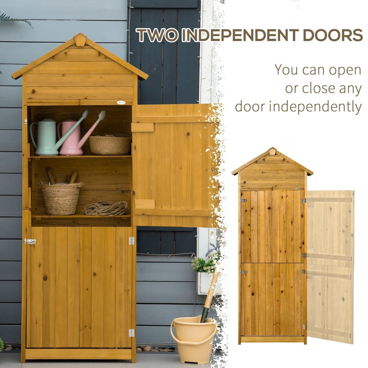 Outsunny Wooden Garden Storage Shed Utility Gardener Cabinet w/ 3 Shelves and 2 Door, 191.5cm x 79cm x 49cm, Natural wood effect - SGP Garden Ltd