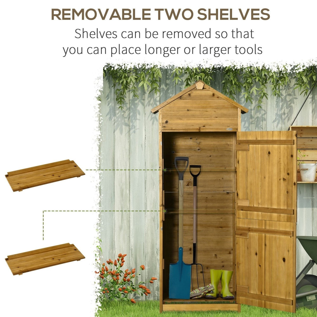 Outsunny Wooden Garden Storage Shed Utility Gardener Cabinet w/ 3 Shelves and 2 Door, 191.5cm x 79cm x 49cm, Natural wood effect - SGP Garden Ltd