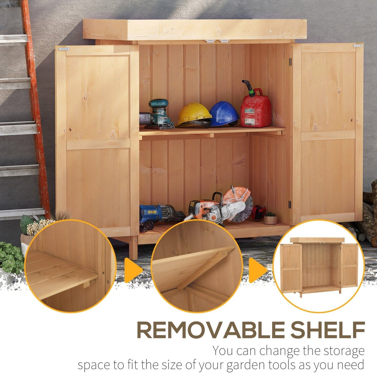 Outsunny Wooden Garden Storage Shed with Hinged Roof and Shelves, Outdoor Storage Cabinet Chest, Double Doors, 74 x 43 x 88cm, Burlywood - SGP Garden Ltd