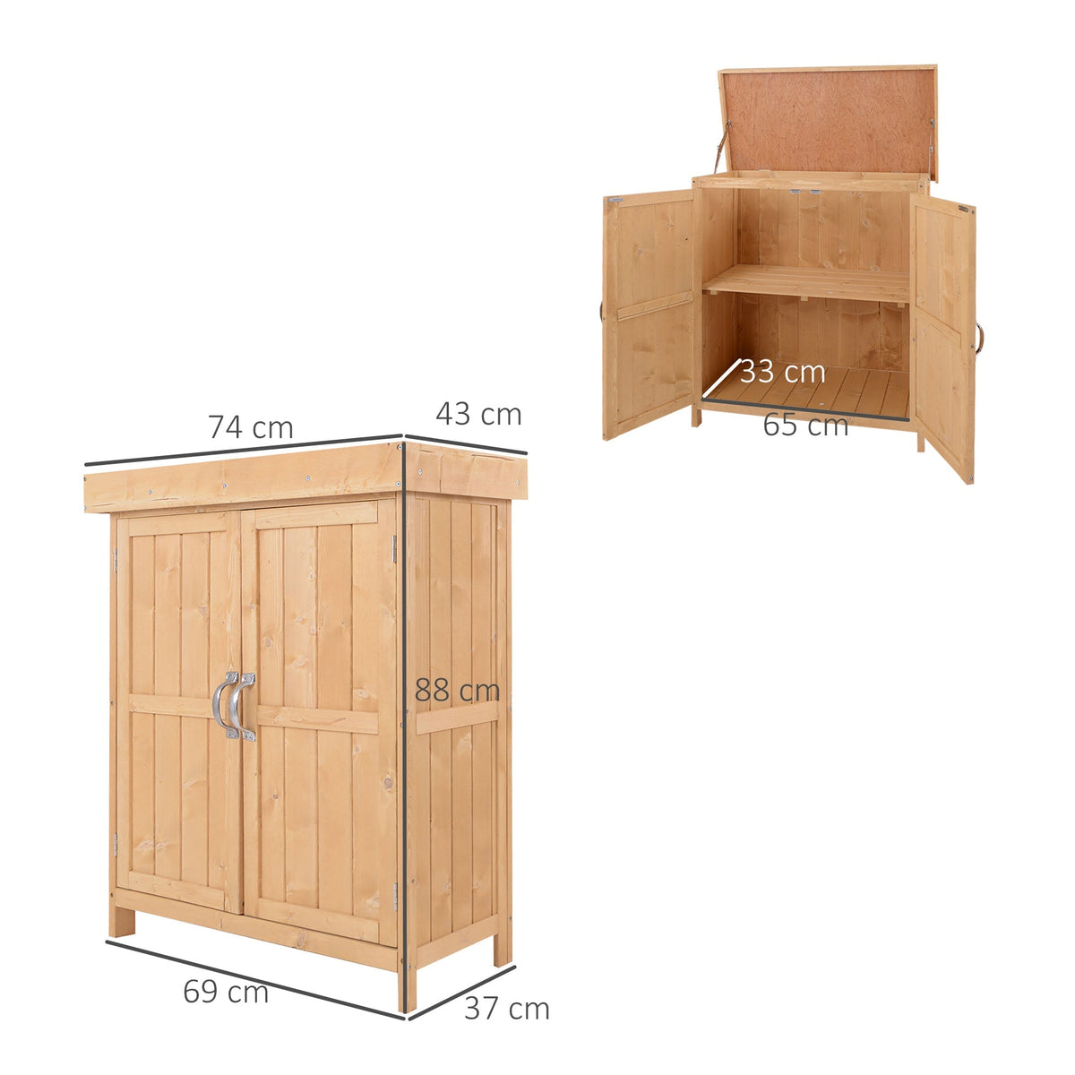 Outsunny Wooden Garden Storage Shed with Hinged Roof and Shelves, Outdoor Storage Cabinet Chest, Double Doors, 74 x 43 x 88cm, Burlywood - SGP Garden Ltd