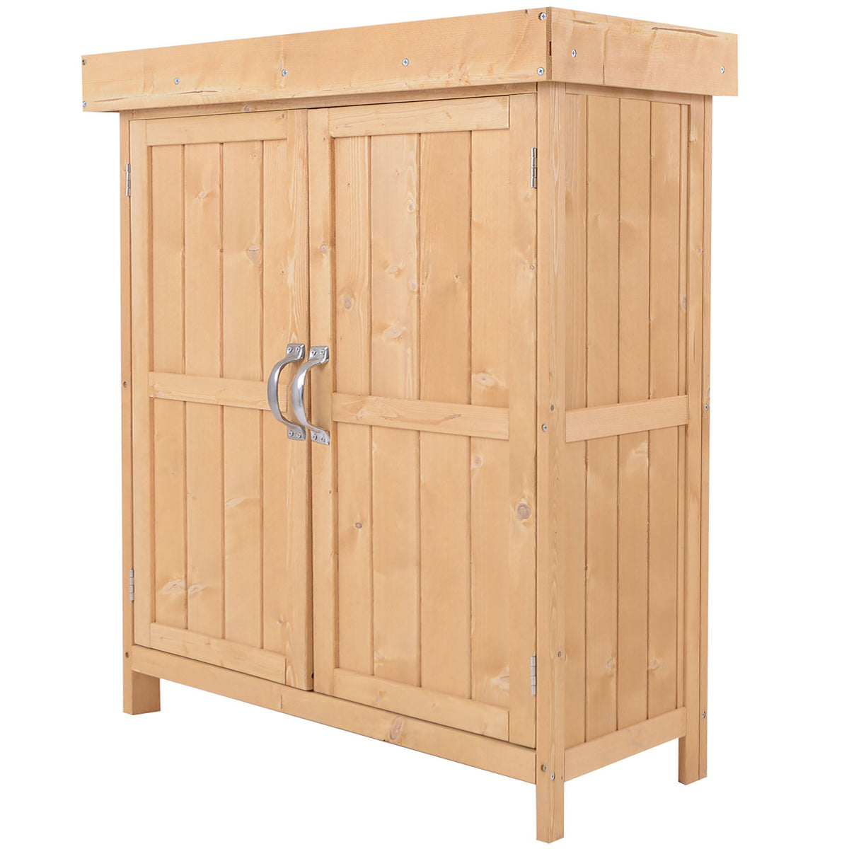Outsunny Wooden Garden Storage Shed with Hinged Roof and Shelves, Outdoor Storage Cabinet Chest, Double Doors, 74 x 43 x 88cm, Burlywood - SGP Garden Ltd