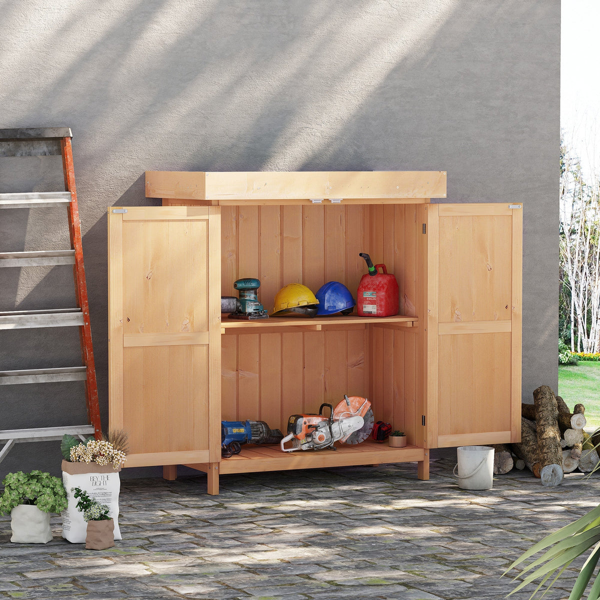 Outsunny Wooden Garden Storage Shed with Hinged Roof and Shelves, Outdoor Storage Cabinet Chest, Double Doors, 74 x 43 x 88cm, Burlywood - SGP Garden Ltd