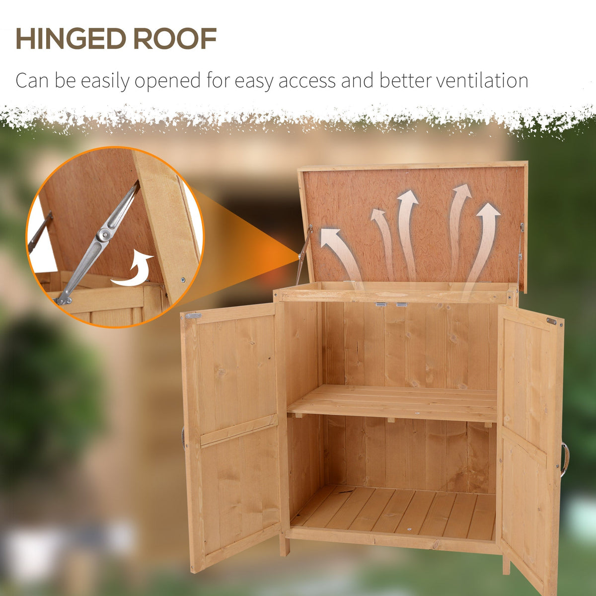Outsunny Wooden Garden Storage Shed with Hinged Roof and Shelves, Outdoor Storage Cabinet Chest, Double Doors, 74 x 43 x 88cm, Burlywood - SGP Garden Ltd