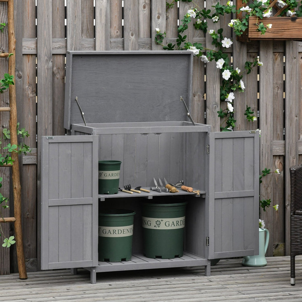 Outsunny Wooden Garden Storage Shed with Hinged Roof and Shelves, Outdoor Storage Cabinet Chest, Double Doors, 74 x 43 x 88cm, Grey - SGP Garden Ltd
