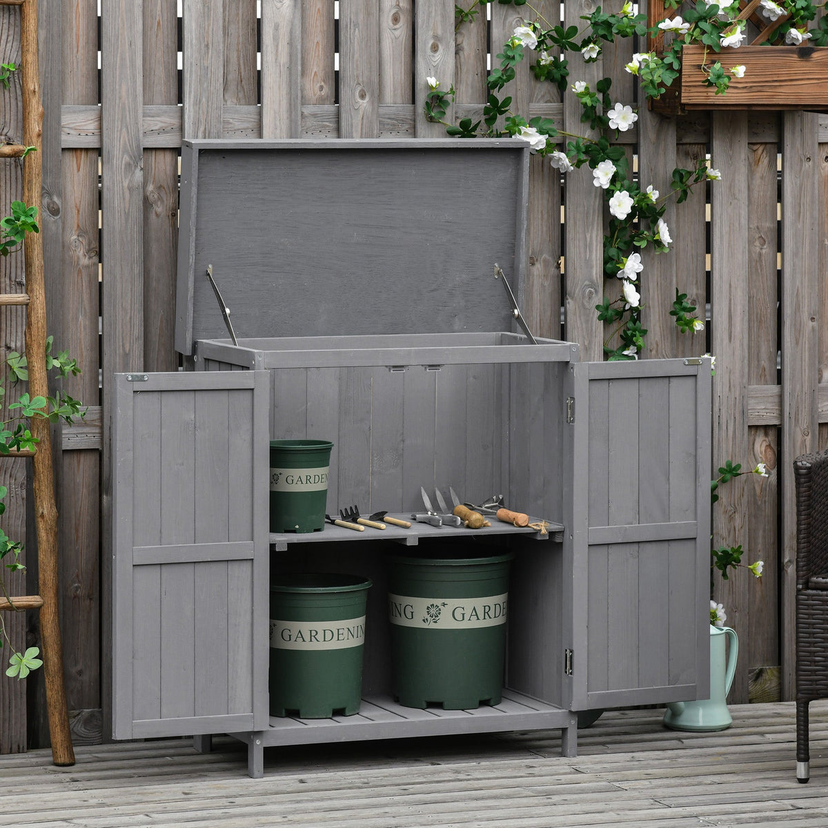 Outsunny Wooden Garden Storage Shed with Hinged Roof and Shelves, Outdoor Storage Cabinet Chest, Double Doors, 74 x 43 x 88cm, Grey - SGP Garden Ltd