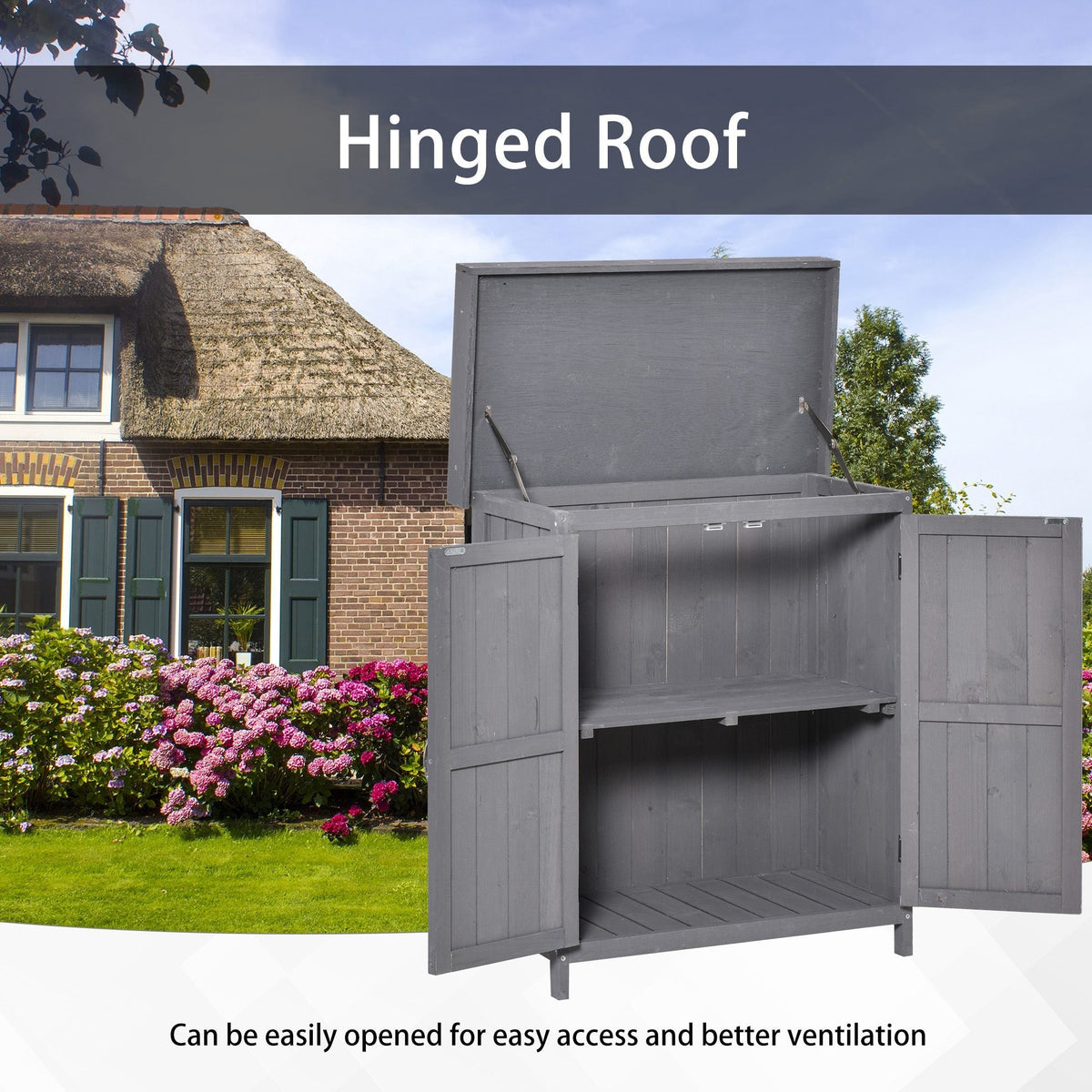 Outsunny Wooden Garden Storage Shed with Hinged Roof and Shelves, Outdoor Storage Cabinet Chest, Double Doors, 74 x 43 x 88cm, Grey - SGP Garden Ltd