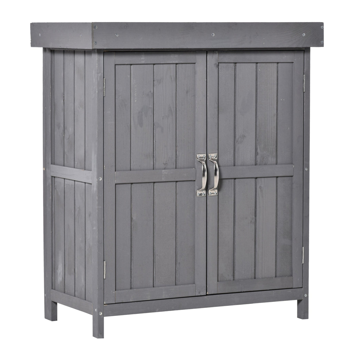 Outsunny Wooden Garden Storage Shed with Hinged Roof and Shelves, Outdoor Storage Cabinet Chest, Double Doors, 74 x 43 x 88cm, Grey - SGP Garden Ltd