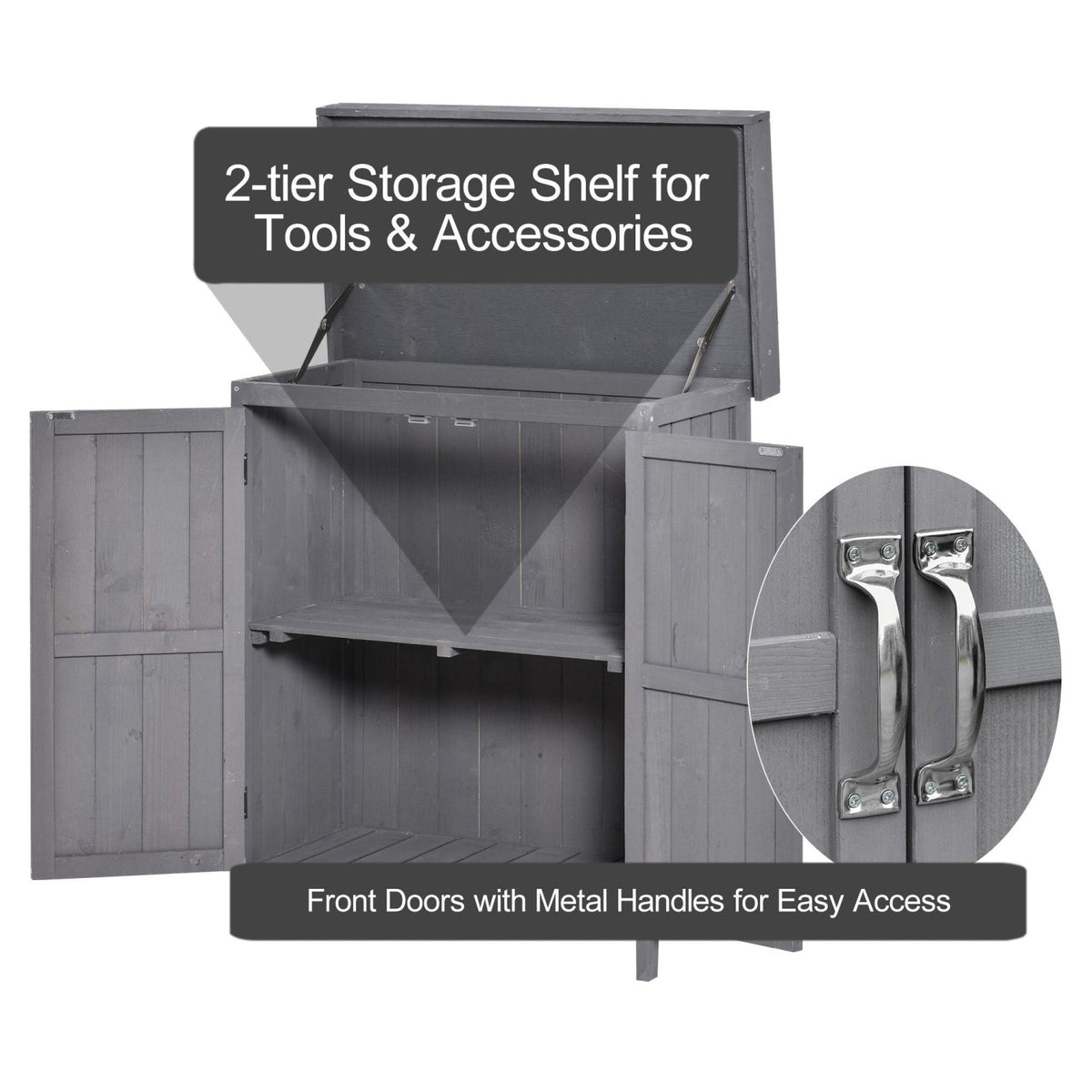 Outsunny Wooden Garden Storage Shed with Hinged Roof and Shelves, Outdoor Storage Cabinet Chest, Double Doors, 74 x 43 x 88cm, Grey - SGP Garden Ltd