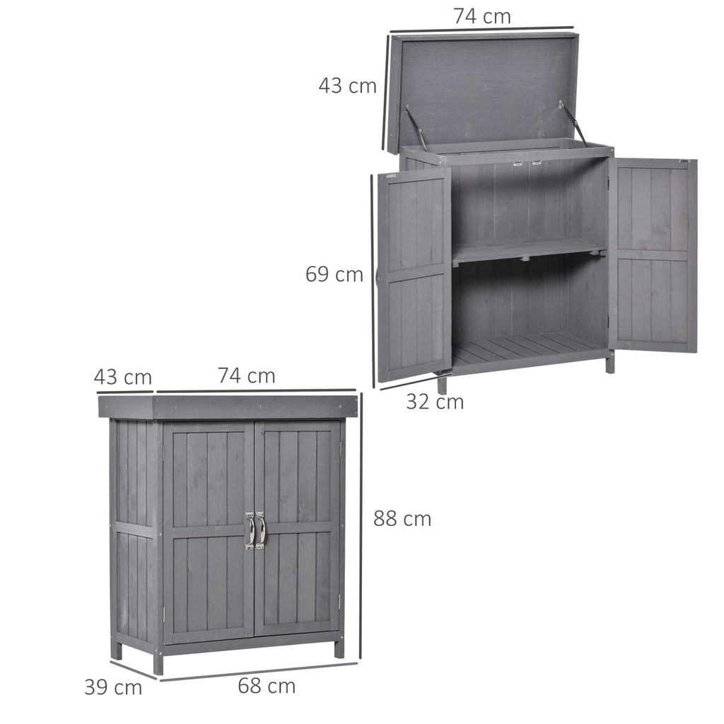 Outsunny Wooden Garden Storage Shed with Hinged Roof and Shelves, Outdoor Storage Cabinet Chest, Double Doors, 74 x 43 x 88cm, Grey - SGP Garden Ltd