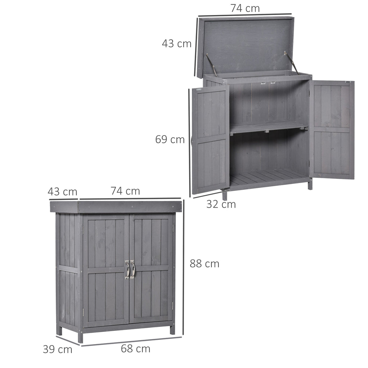 Outsunny Wooden Garden Storage Shed with Hinged Roof and Shelves, Outdoor Storage Cabinet Chest, Double Doors, 74 x 43 x 88cm, Grey - SGP Garden Ltd