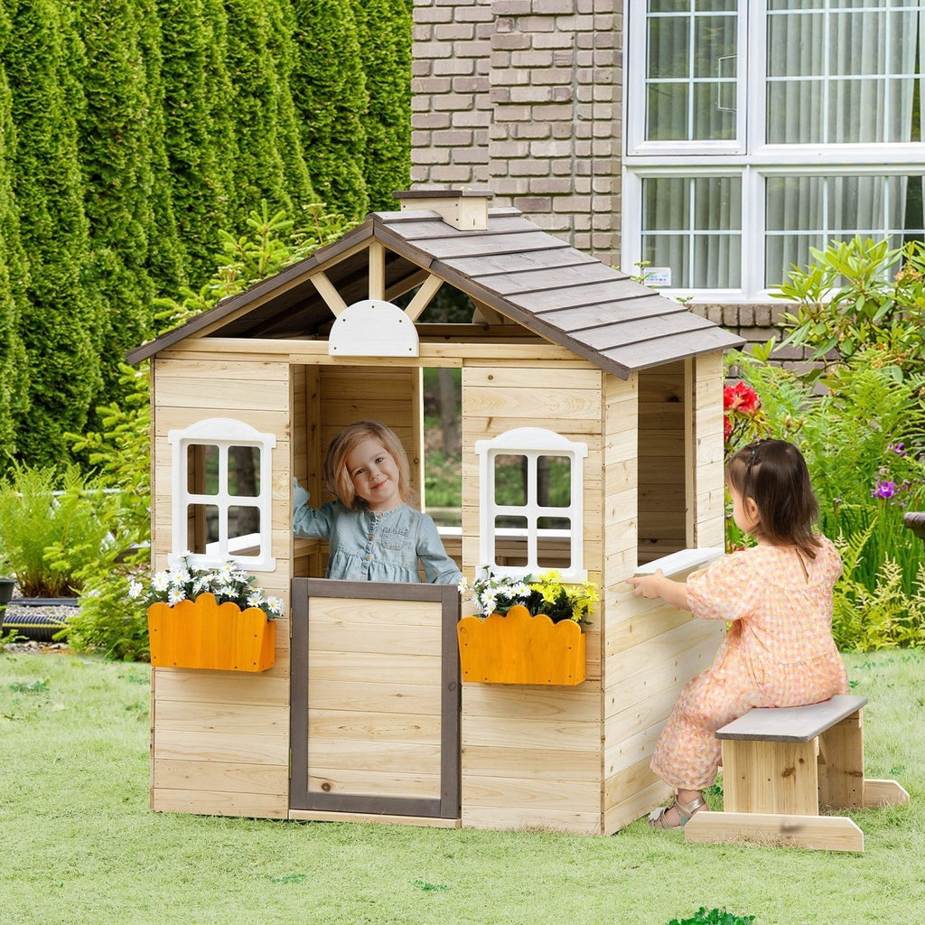 Outsunny Wooden Playhouse for Kids Outdoor Wendy House with Door, windows, Bench, Service Stations, Flowerpot Holder, For Ages 3-7 Years - SGP Garden Ltd