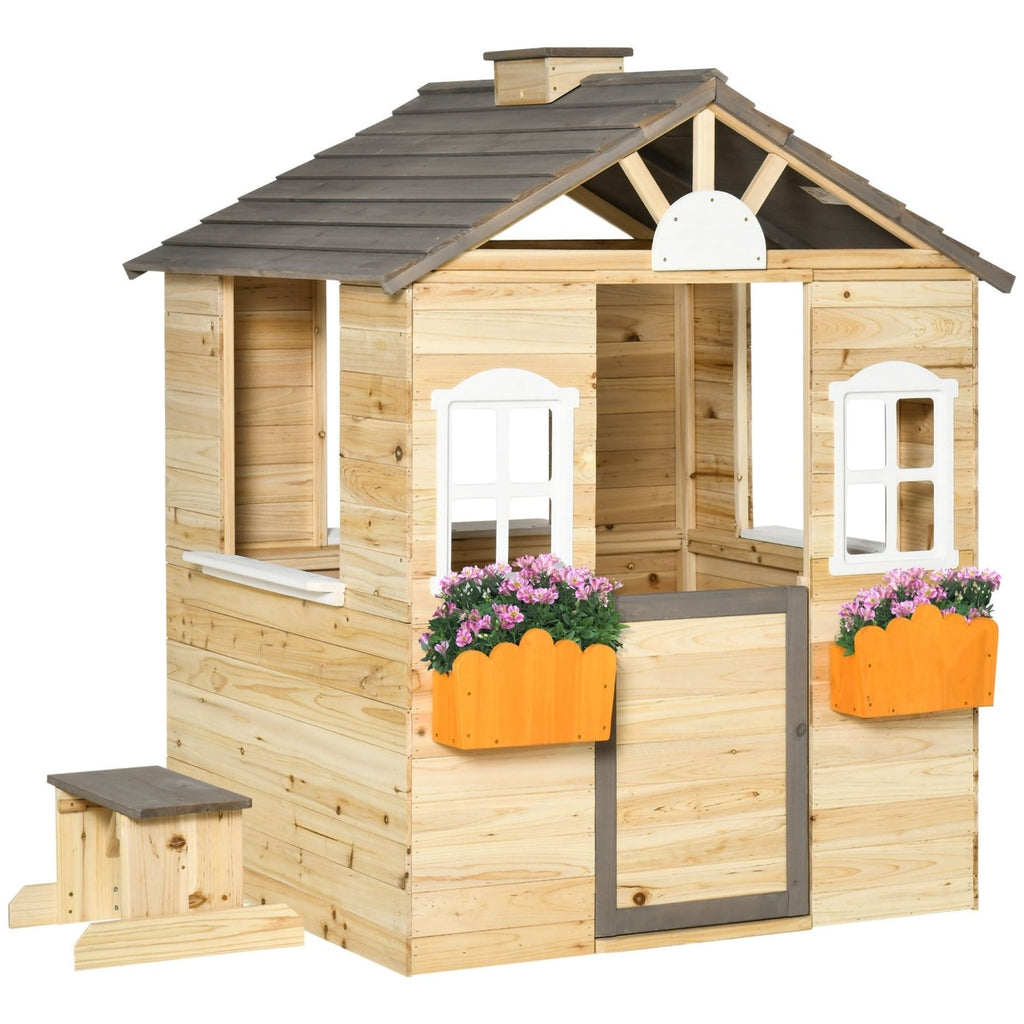Outsunny Wooden Playhouse for Kids Outdoor Wendy House with Door, windows, Bench, Service Stations, Flowerpot Holder, For Ages 3-7 Years - SGP Garden Ltd